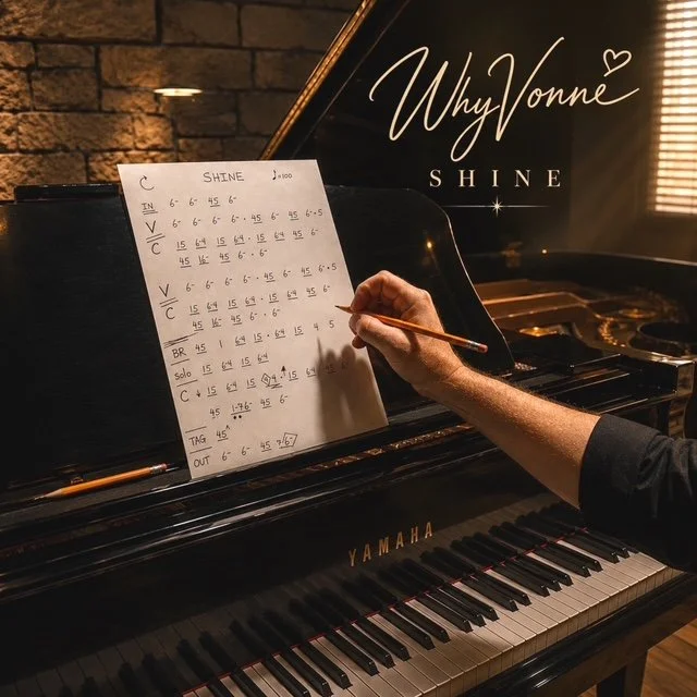 Person writing musical chords and notes on a sheet of paper in front of a Yamaha grand piano, with a "WhyVonnie Shine" sign in the background in a cozy, dimly lit room.