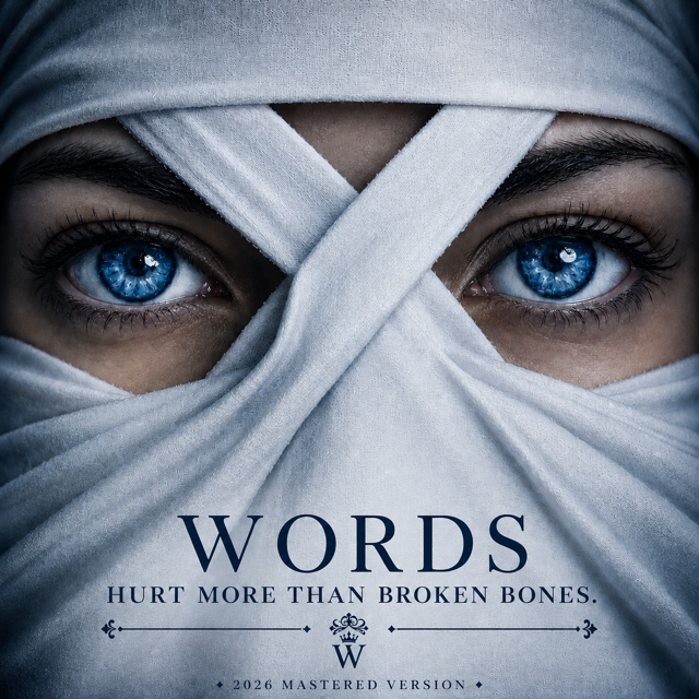 Close-up of a person's eyes with blue irises, wrapped in white fabric, with the word 'WORDS' and the phrase 'HURT MORE THAN BROKEN BONES' below.
