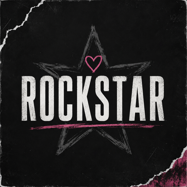 Black chalkboard-style background with the word "ROCKSTAR" in large white distressed font, a pink heart above, a pink underline beneath, and a faint outlined star in the background.