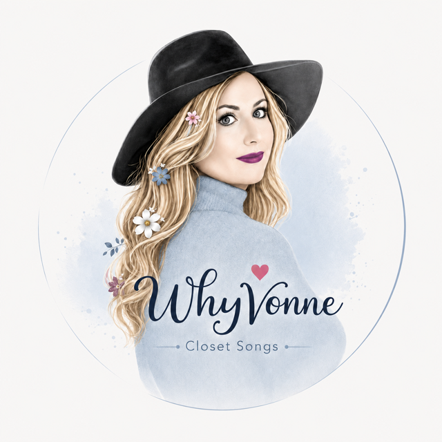 A woman with blonde wavy hair wearing a black wide-brimmed hat and a light gray turtleneck sweater. She has purple lipstick and floral accessories in her hair. The text reads 'Why Vonne Closet Songs' with a small red heart above the word 'Why.'
