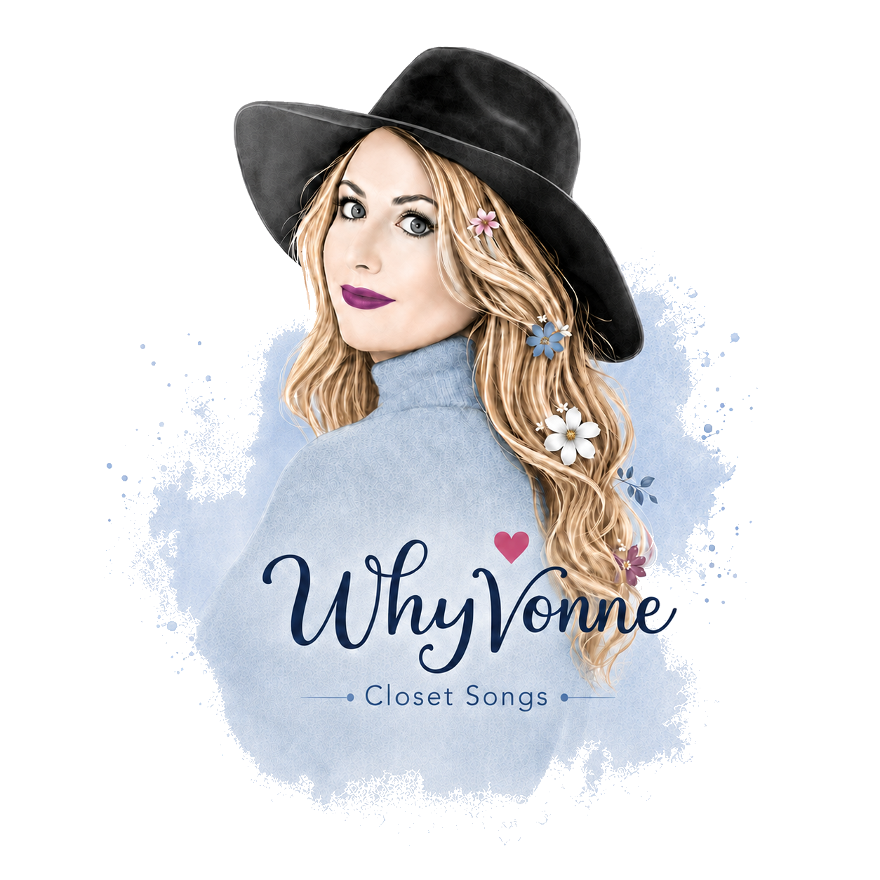 Cover art featuring a woman with long wavy blonde hair, wearing a black wide-brimmed hat and a light blue turtleneck, surrounded by white and colored flowers, with the text "Why Vonne" and "Closet Songs".