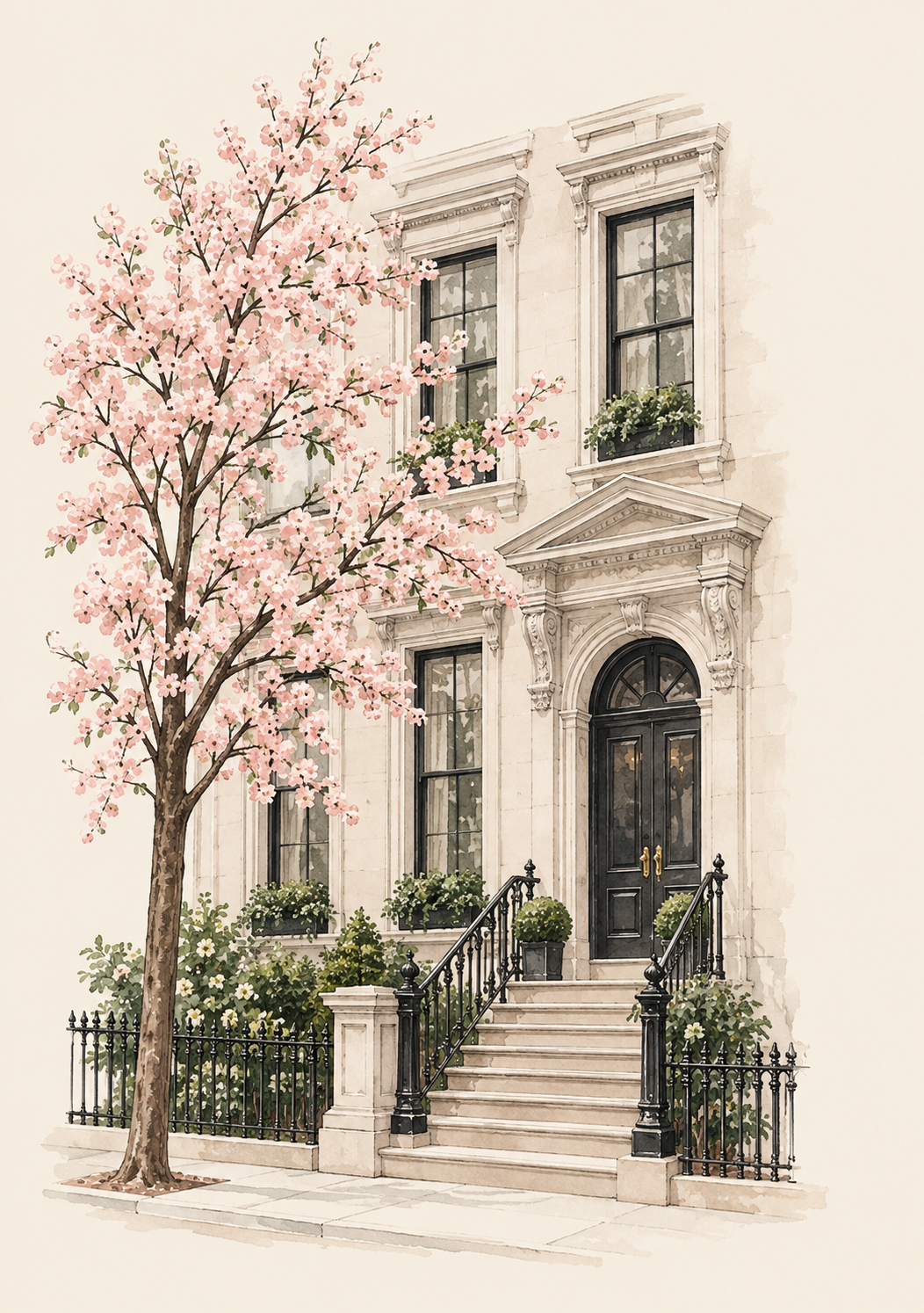 A watercolor painting of a classic townhouse with a black front door, stone steps, and iron railings. There is a pink flowering tree in front and green plants in window boxes.