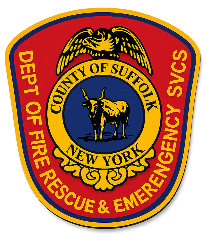Patch of the Suffolk County New York Fire Department Rescue and Emergency Services, featuring an eagle at the top, a yellow and blue emblem with a donkey in the center, and red and yellow borders with department name and service description.