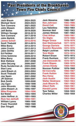 List of past presidents of the Brookhaven Town Fire Chiefs Council, including their names, term years, and a header logo with stars and the council name.