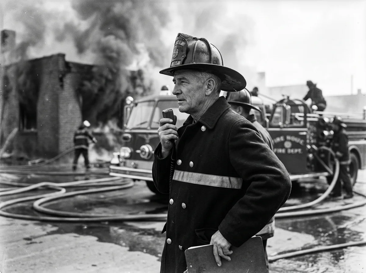 A firefighter stands in front of a building on fire, holding a walkie-talkie and a clipboard, with a fire truck and other firefighters in the background.