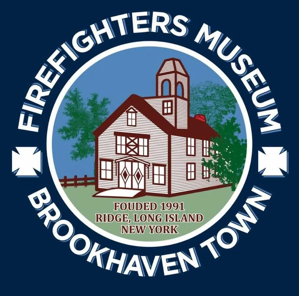 Seal of the Brooklyn Firefighters Museum featuring a church building, trees, and text indicating founded in 1991 on Long Island, New York.