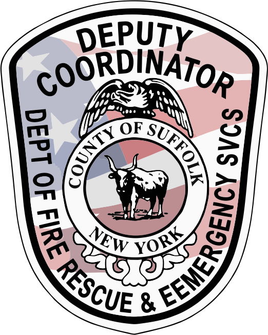 Badge for the County of Suffolk in New York, representing the Deputy Coordinator of the County Department of Fire Rescue and Emergency Services, featuring an eagle, a donkey, and the American flag colors.