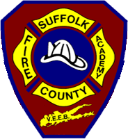 Suffolk County Fire Academy badge featuring a white firefighter helmet on a blue circle with yellow border and text, crossed fire axes, and a yellow banner with 'V.E.E.B.'