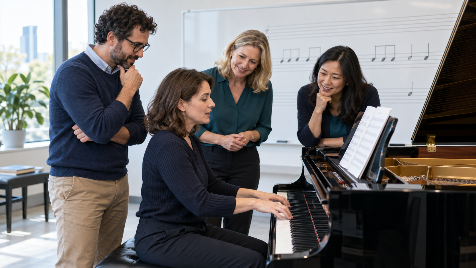 Four piano teachers discussing teaching at a grand piano in a bright modern studio.