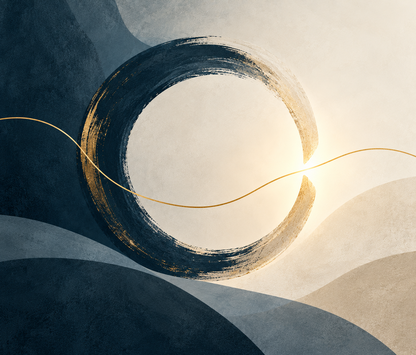 Abstract digital art featuring a large black and gold circular brushstroke, wavy patterns in shades of blue and beige, and a gold curved line crossing the composition.