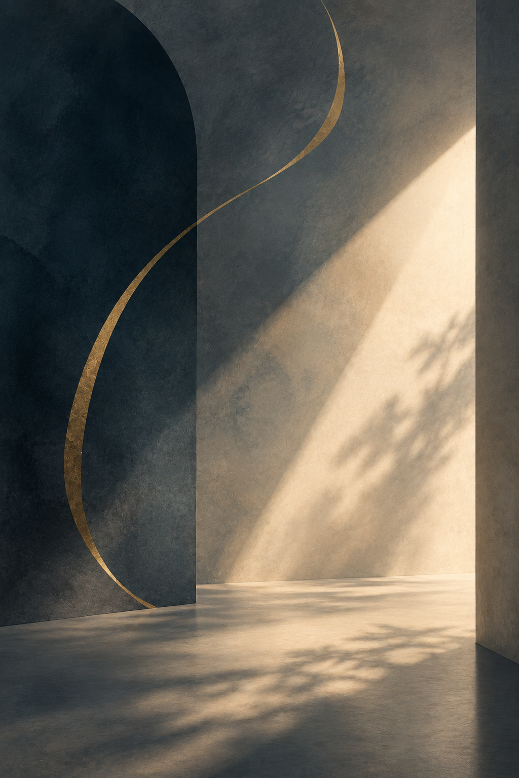 Minimalist interior with a dark blue wall featuring gold curved lines, beige walls, and natural light casting shadows on the floor.