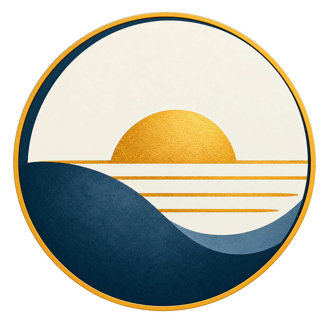 Stylized circular logo with a sunset over blue hills and white clouds, featuring gold accents and outlines.
