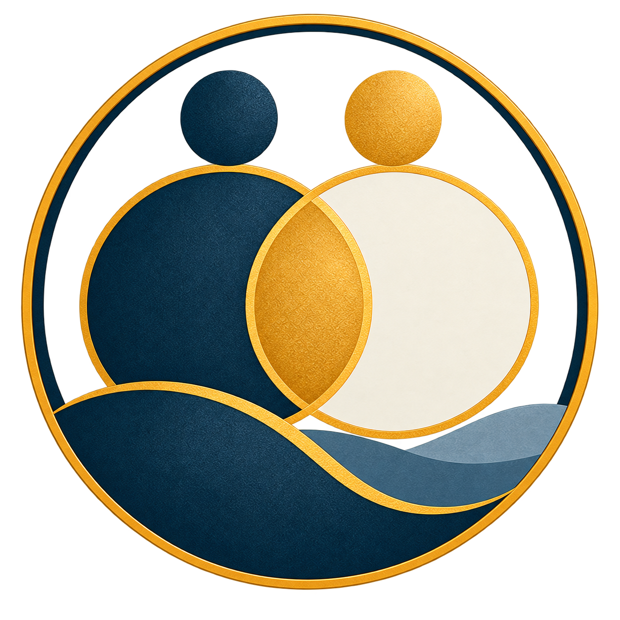Abstract circular illustration with two large overlapping circles, one white and one dark blue, and two smaller circles, one dark blue and one gold, against a background of wavy blue shapes and a yellow border.