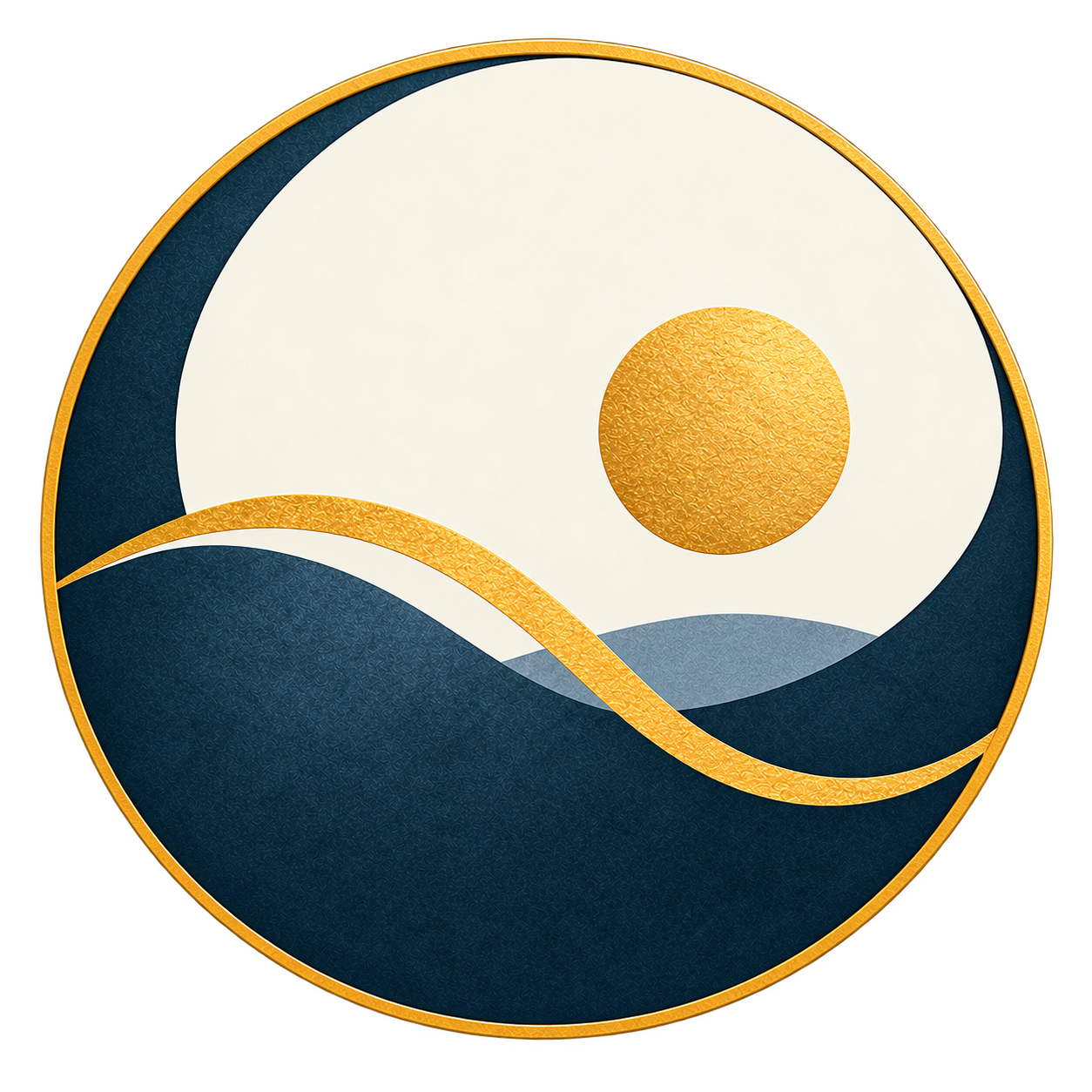 Stylized circular artwork featuring a large white circle with a gold dot, blue and gray wave-like shapes, all bordered with a gold rim.