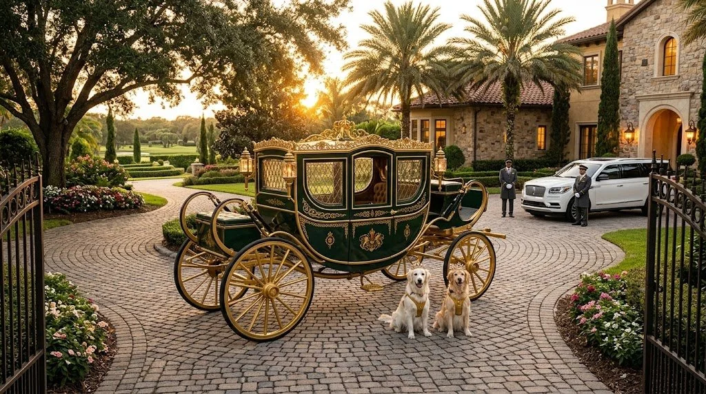 Luxury dark green and gold carriage with uniformed chauffeur parked at an executive estate for The Maggie Carriage Co.