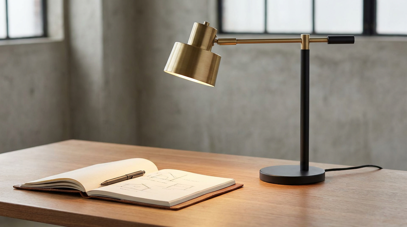 A modern brass and black desk lamp on a wooden table, next to an open sketchbook with sketches and a pen, with a blurred window in the background.