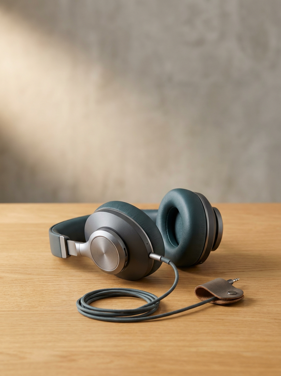Wireless over-ear headphones with a gray cord resting on a wooden surface.