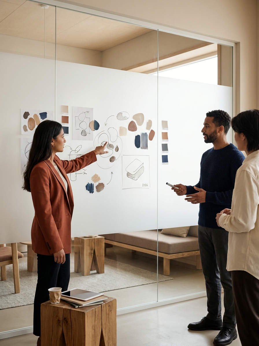 Three people discussing color and design ideas in a modern office, with sketches and paint swatches on a whiteboard.