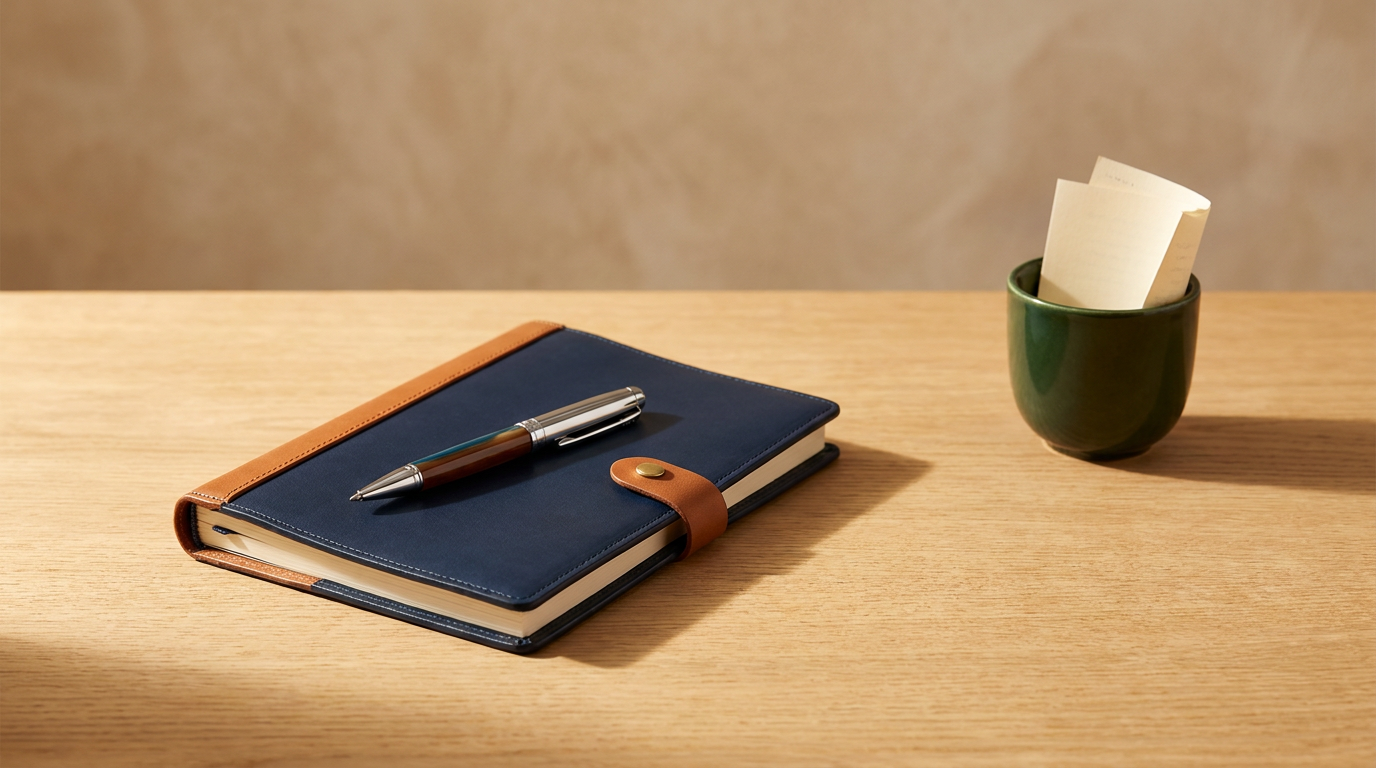A closed navy blue planner with a brown strap and gold button, a silver and brown pen resting on top, and a green cup holding a few sheets of paper on a wooden desk.