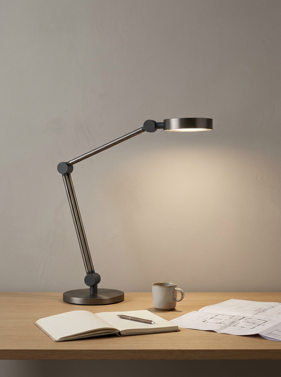 A modern metal desk lamp illuminating a wooden desk with an open notebook, a pen, a mug, and architectural plans.
