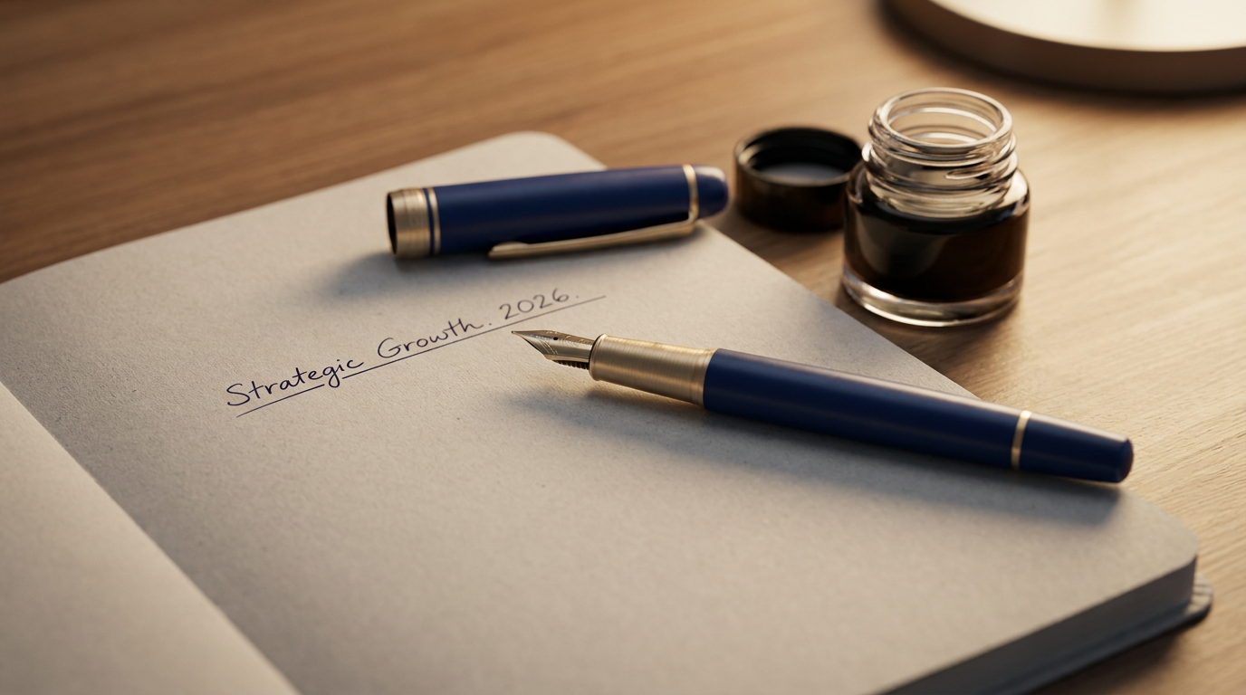 A notebook on a wooden desk with the handwritten note 'Strategic Growth 2026.' A blue fountain pen is resting on the notebook, with its cap off and placed nearby. There is a small jar of black ink with the cap beside it.
