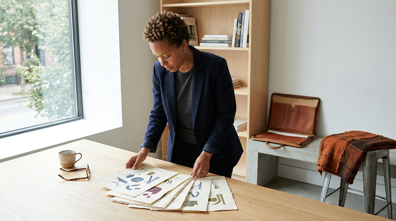 A woman with short curly hair wearing a navy blazer looking at colorful abstract art prints on a wooden table in a well-lit room with a large window and a bookshelf in the background.