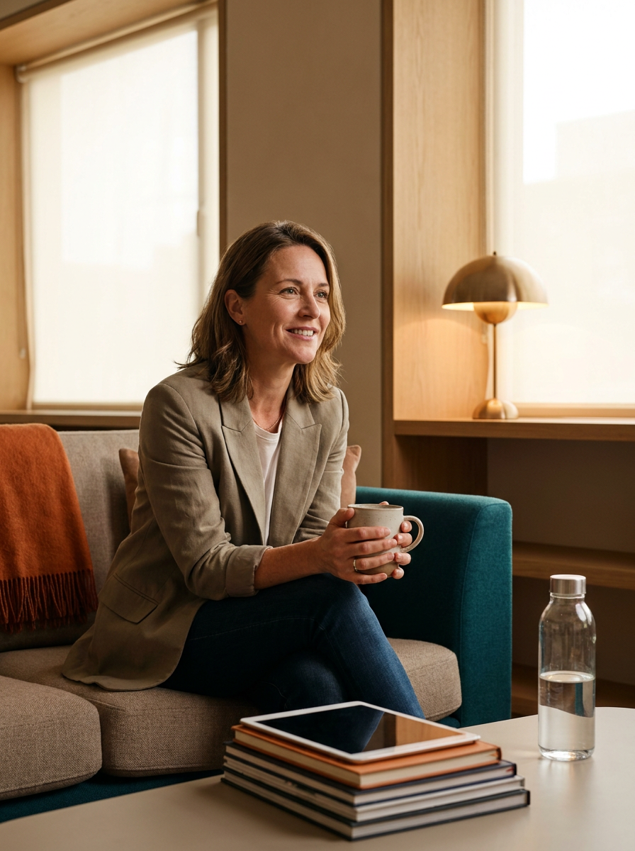 A woman sitting on a couch, holding a mug, smiling, with a stack of books and a tablet on the coffee table, in a warmly lit room with windows and a lamp.