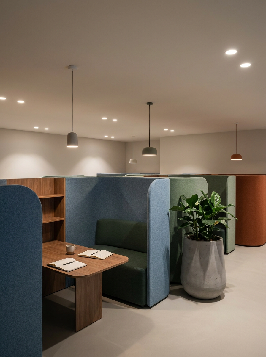 Modern office space with colorful partitioned work booths, a wooden table, open notebooks, a mug, and a potted plant.