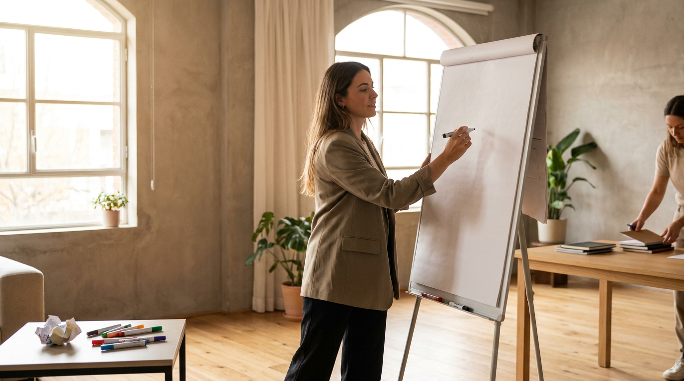 Woman in beige blazer writing on a large whiteboard in a well-lit room with wooden floors and large windows.