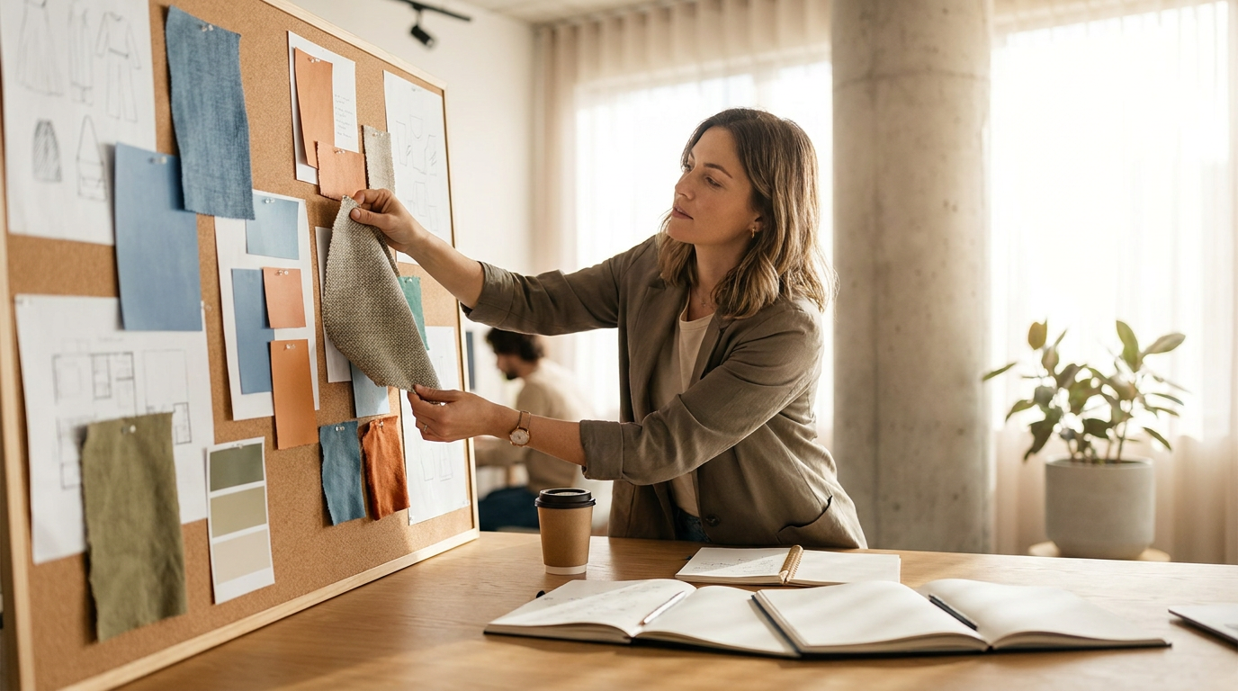 A woman selects fabric swatches from a corkboard filled with color samples and pattern sketches in a creative workspace.