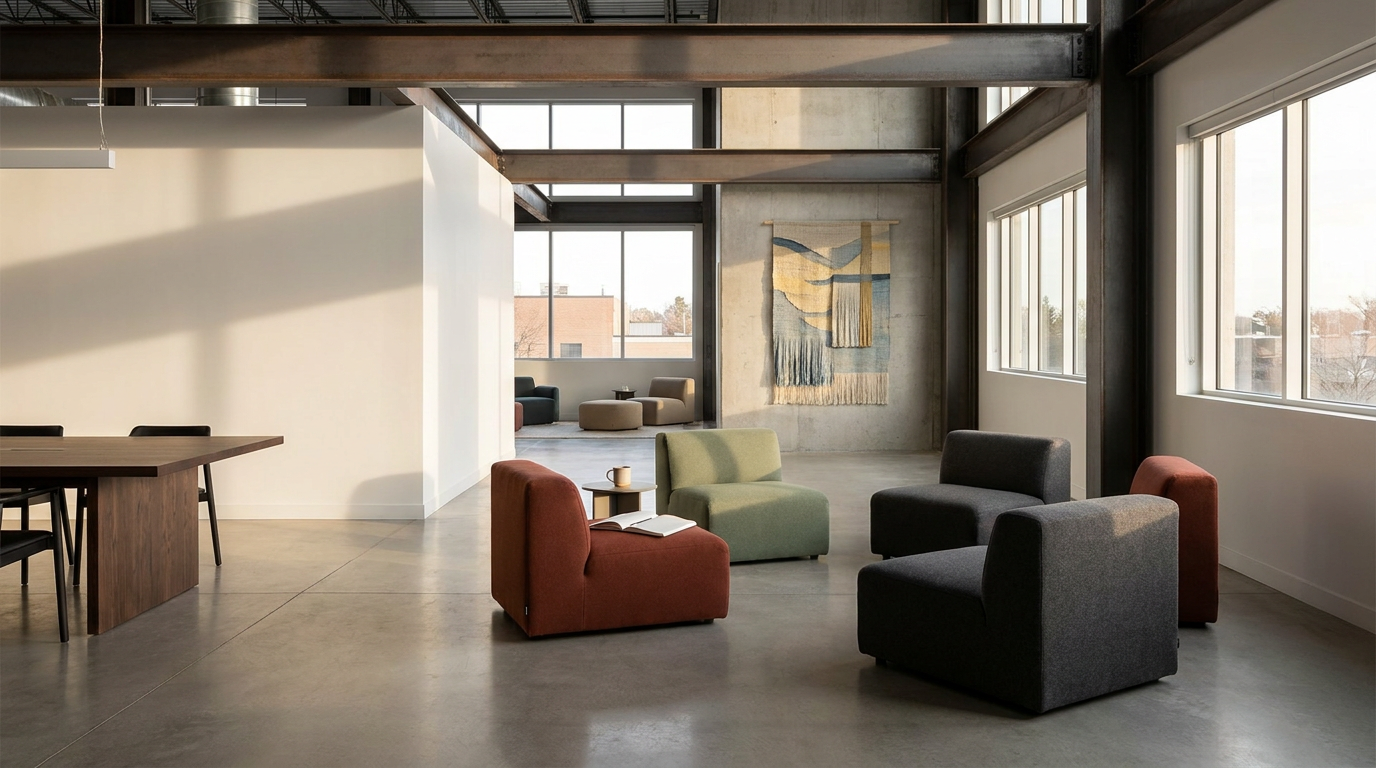 Modern office or studio space with large windows, concrete walls, and colorful seating including armchairs in red, green, black, and brown. A wall hanging art piece is visible, and there is a dining table with chairs to the left.