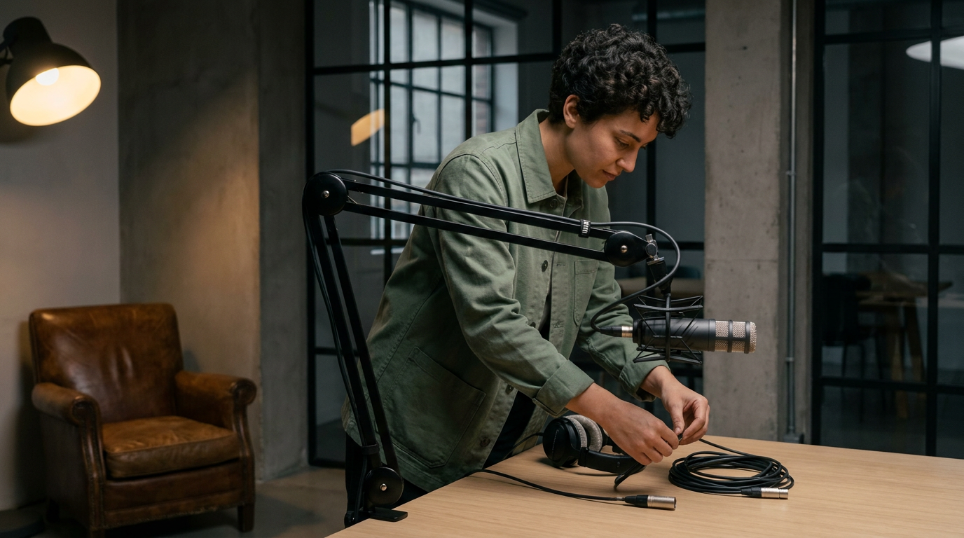 A person with curly hair wearing a green jacket is setting up audio equipment, including a microphone and headphones, at a wooden table in a modern office or studio with industrial decor.