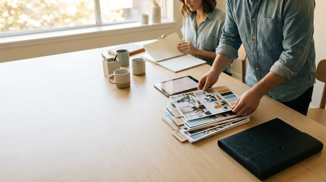 Two people reviewing printed photo boards and color swatches on a wooden table in a well-lit room.