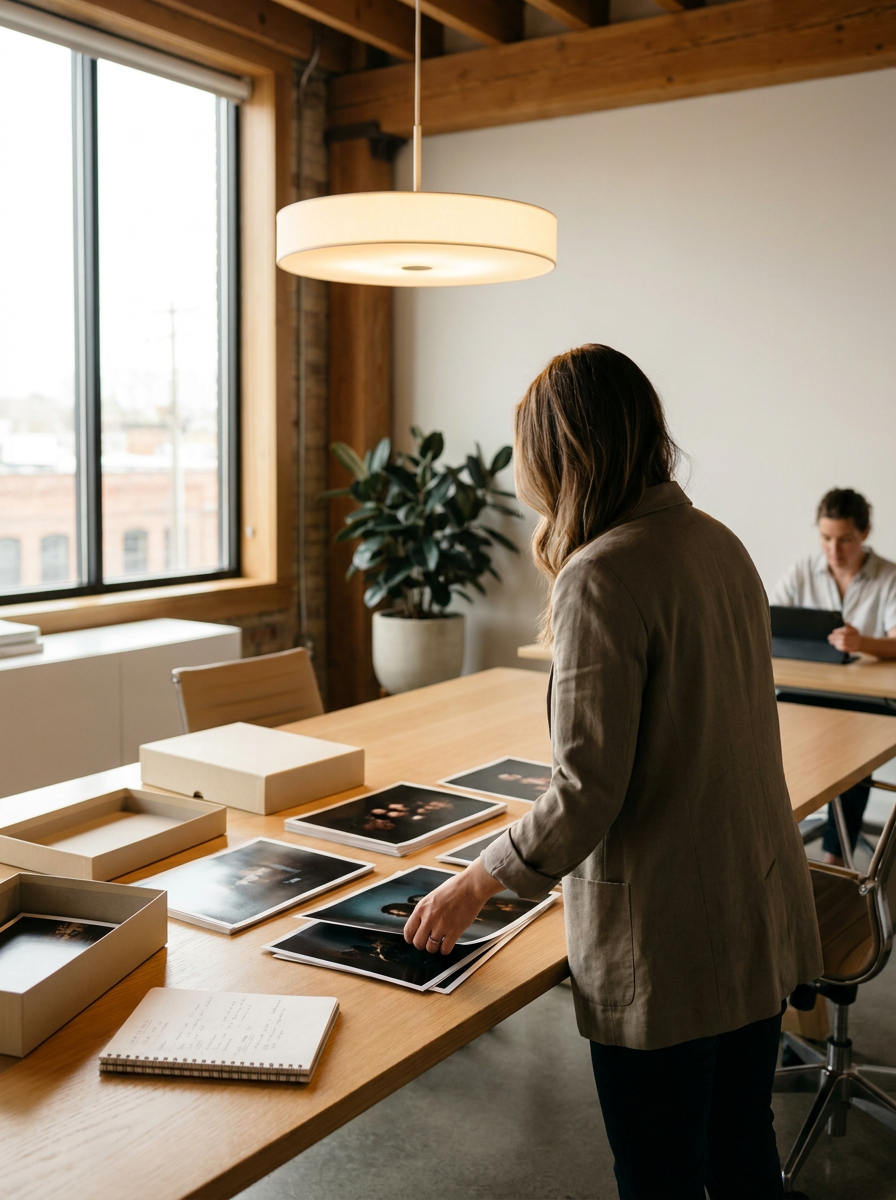 Woman in a beige blazer looking at large photographs laid out on a wooden conference table in a sunlit modern office with a potted plant and a large window.