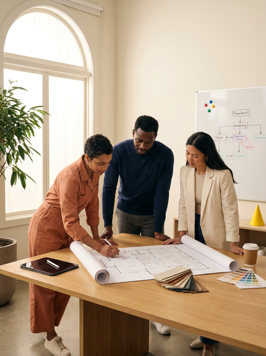Three people discussing blueprints and design plans around a table in an office or conference room.