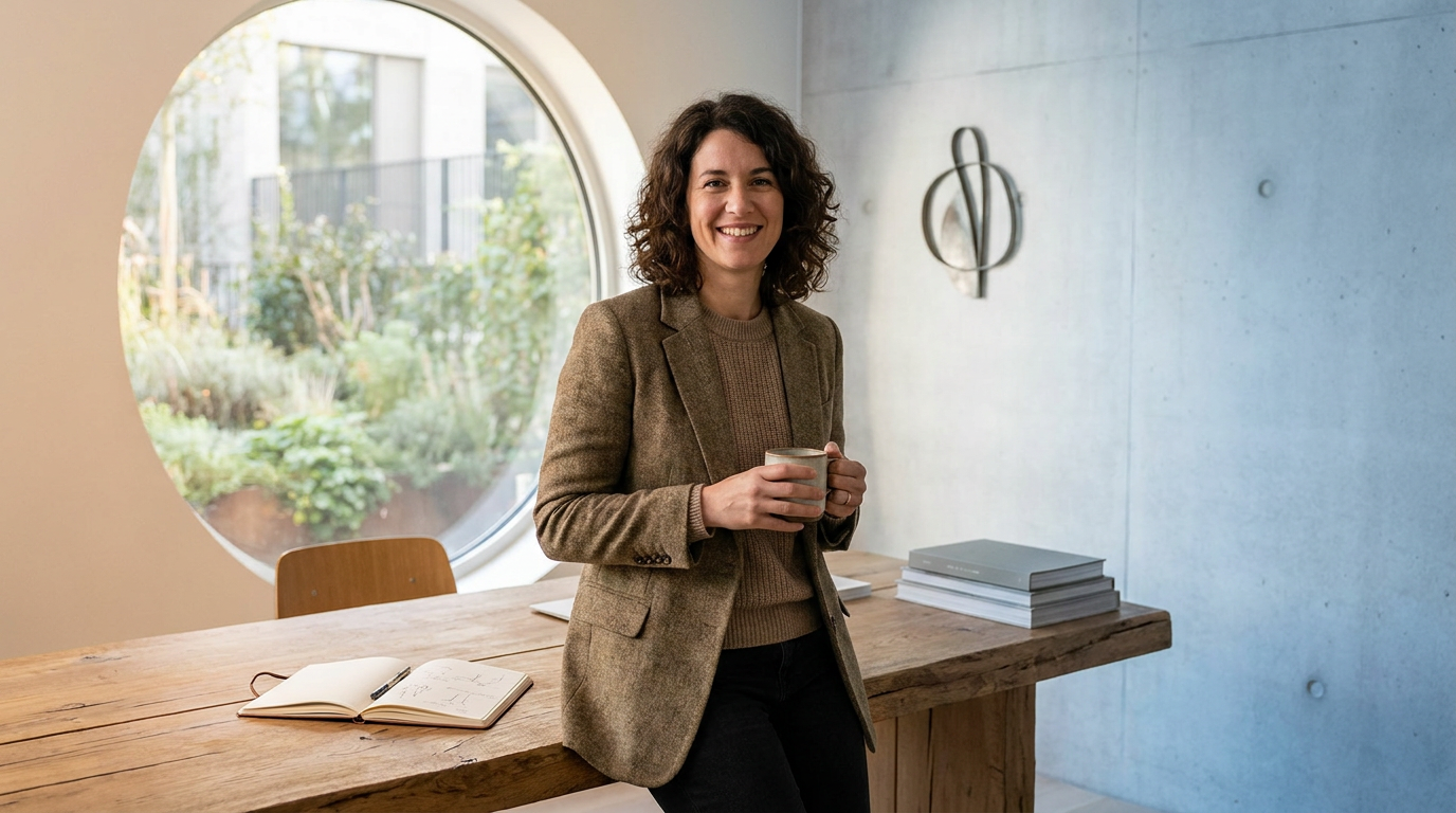 A woman with curly brown hair smiling and holding a mug, standing behind a wooden table in a modern room with a large round window and a concrete wall with metal art sculpture.