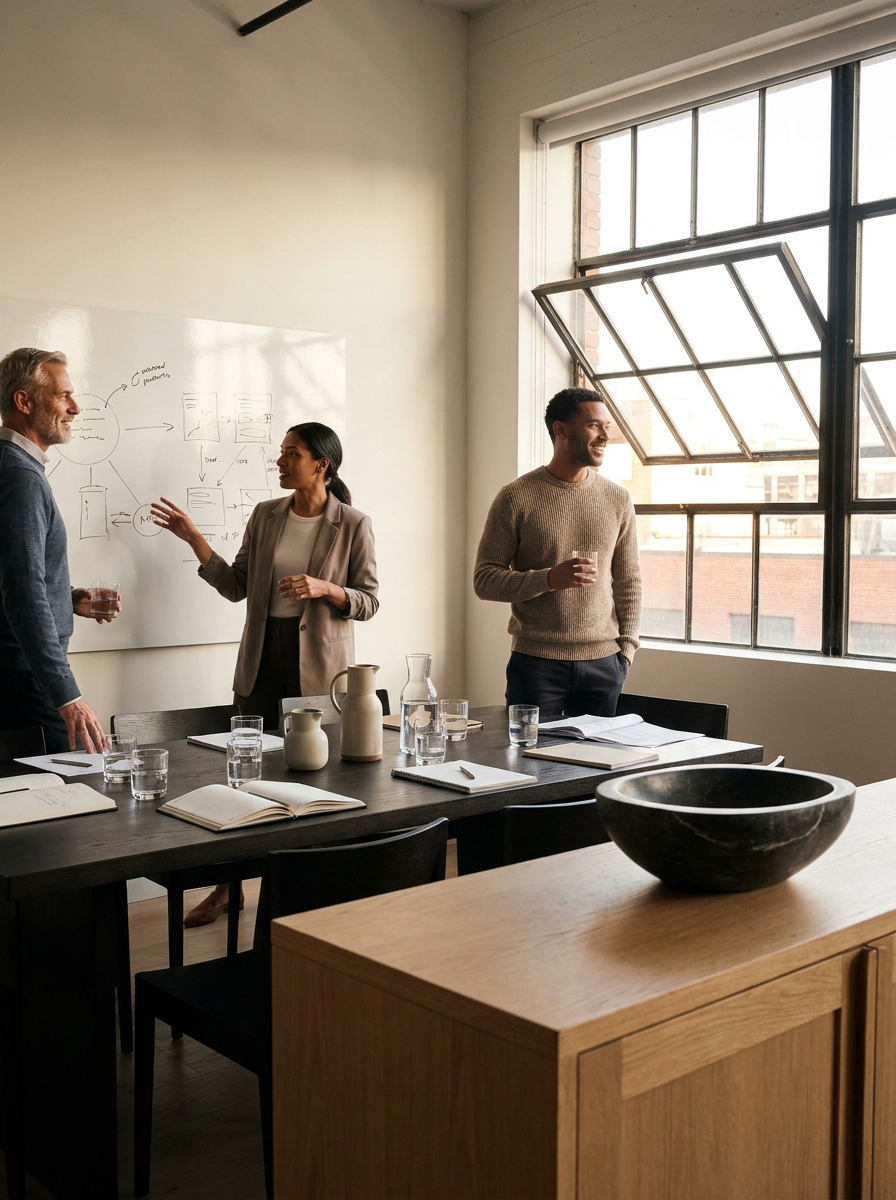 Three people having a discussion in a modern office with large window, whiteboard, and meeting table.