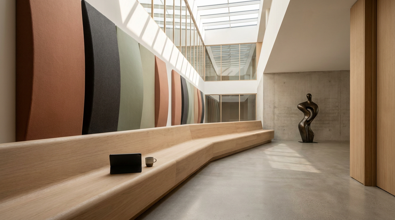 Modern interior space with a curved wooden bench, colorful abstract wall art, a sculpture of a human figure, and large windows allowing natural light.