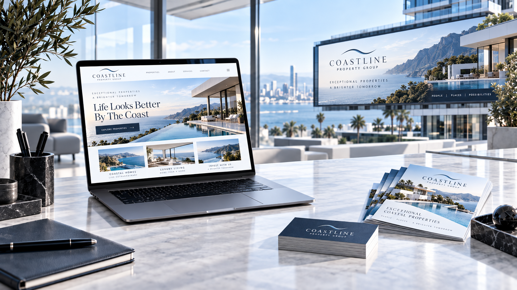 A modern office desk with a laptop displaying a real estate website for Coastline Property Group, brochures, a pen, and a notebook, with large windows showing a city skyline, water, mountains, palm trees, and blue sky outside.