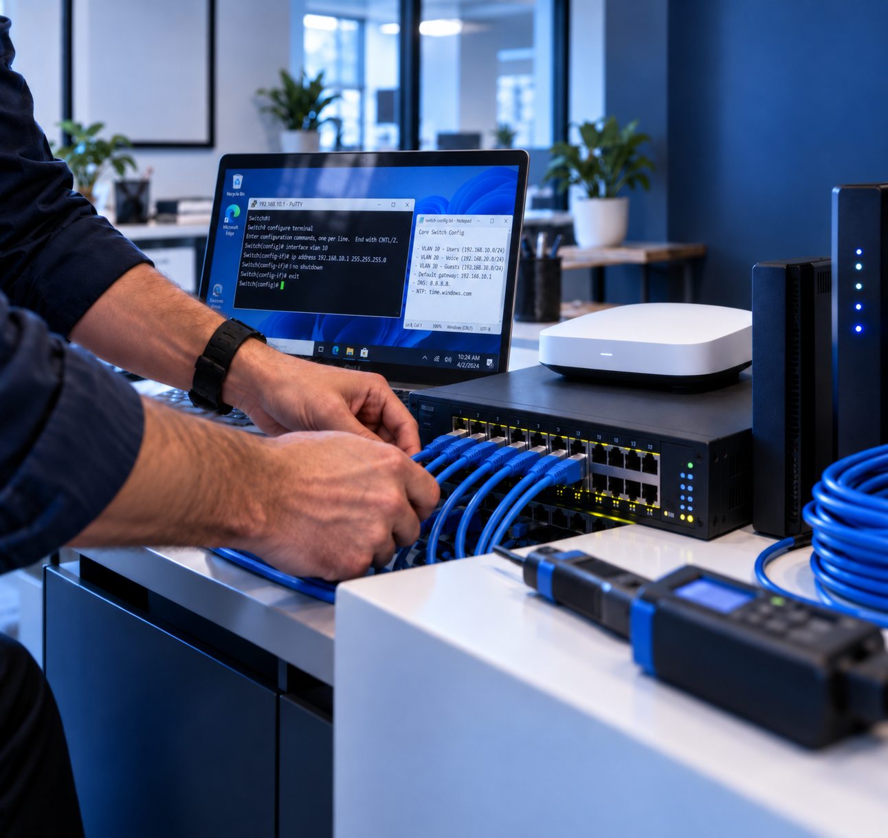 IT professional configuring network switches with a laptop displaying command-line interface, Ethernet cables connected to the switch, and various networking equipment on a desk in an office.