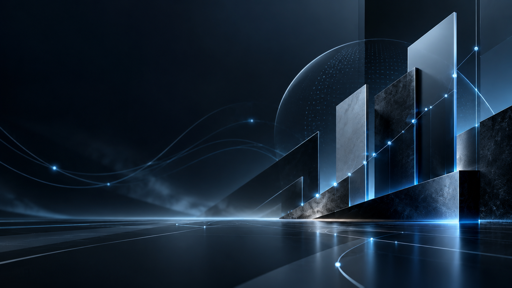 Digital abstract background featuring illuminated bar graphs and interconnected lines, representing data and technology.