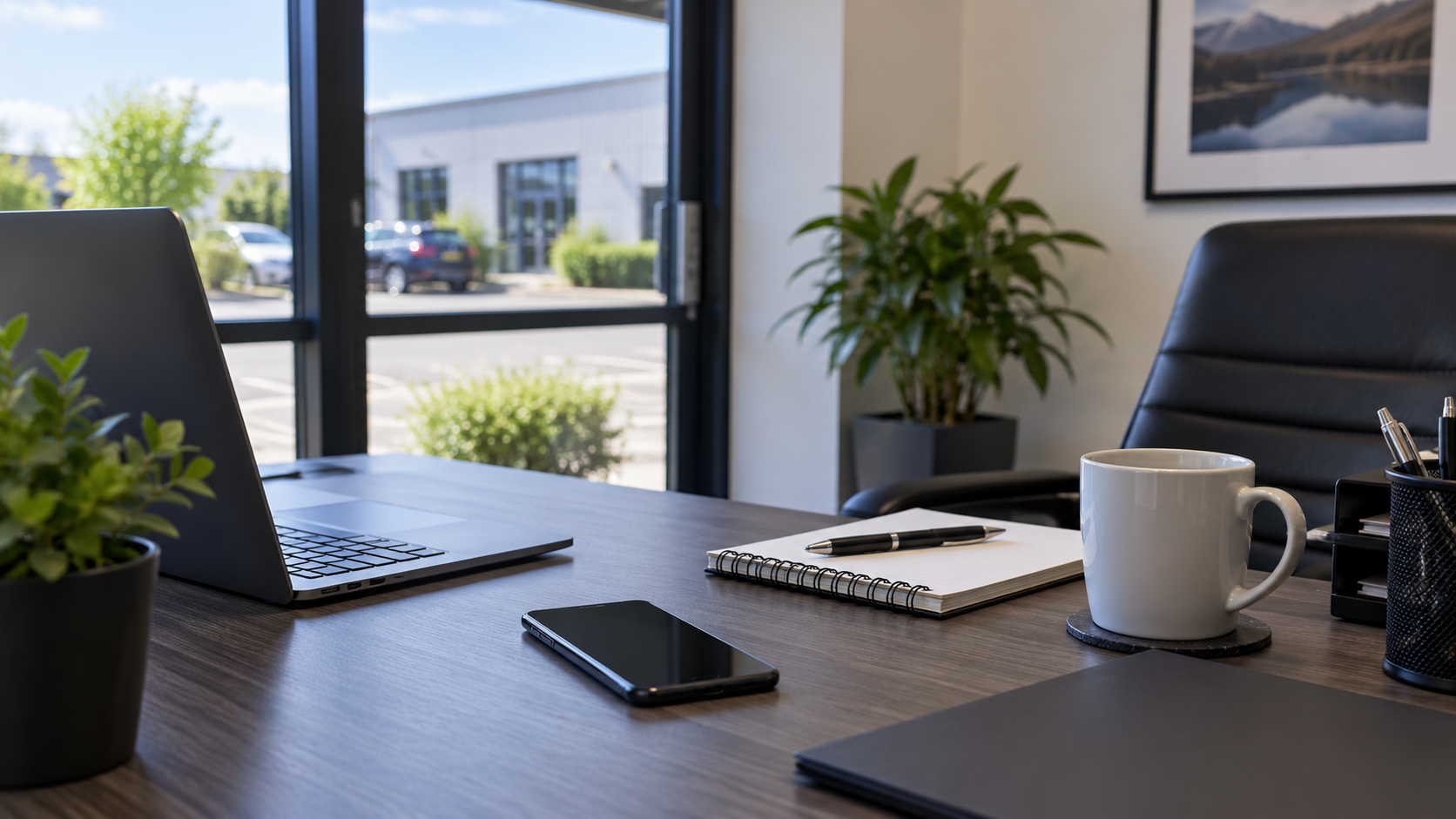 Office desk with a laptop, smartphone, notebook, pen, mug, plant, and pens in a holder, with a window and parking lot outside.