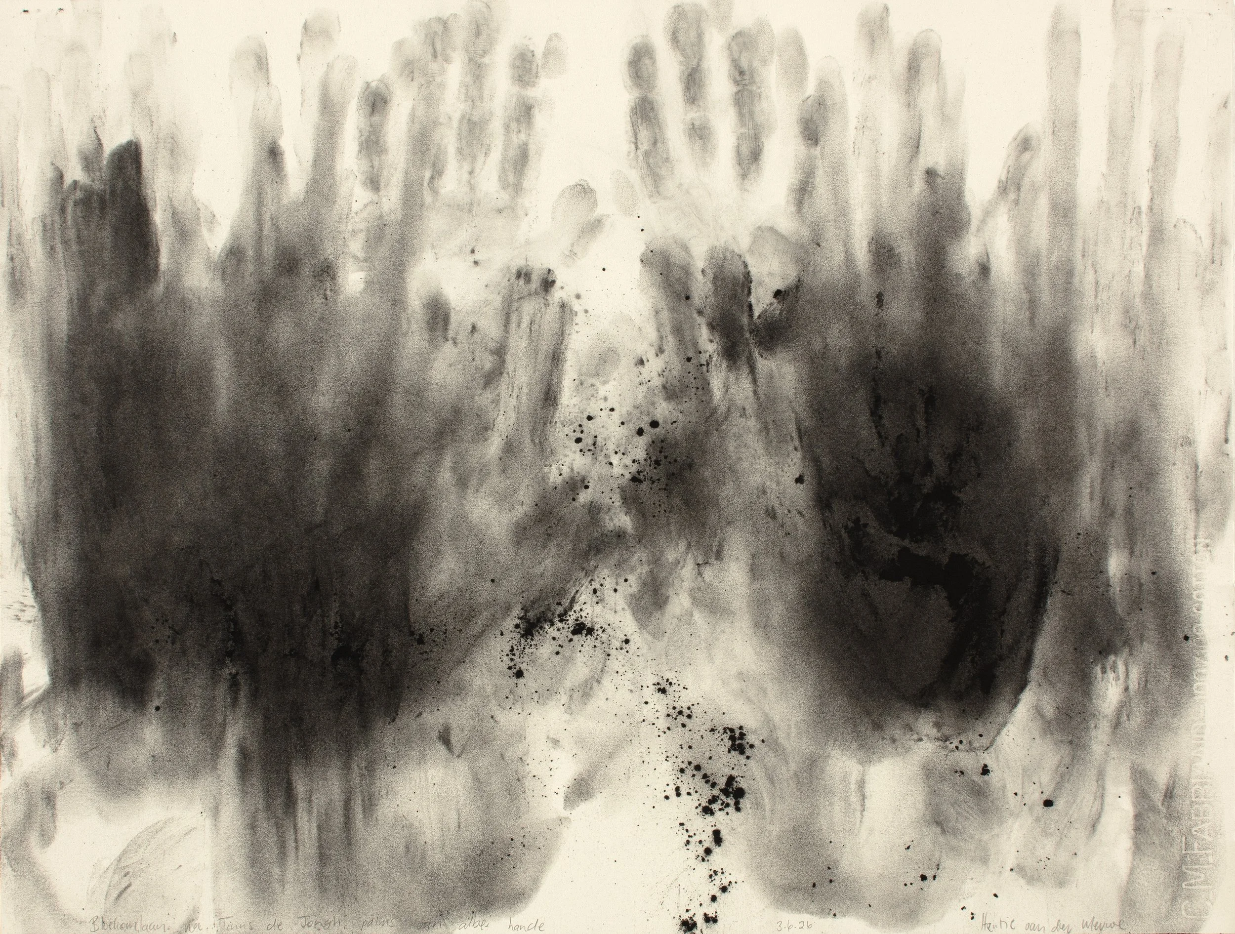 Avenue of gumtrees after Tinus de Jongh, palms of both hands, Charcoal on paper, 45,5 x 60,7 cm, 2026