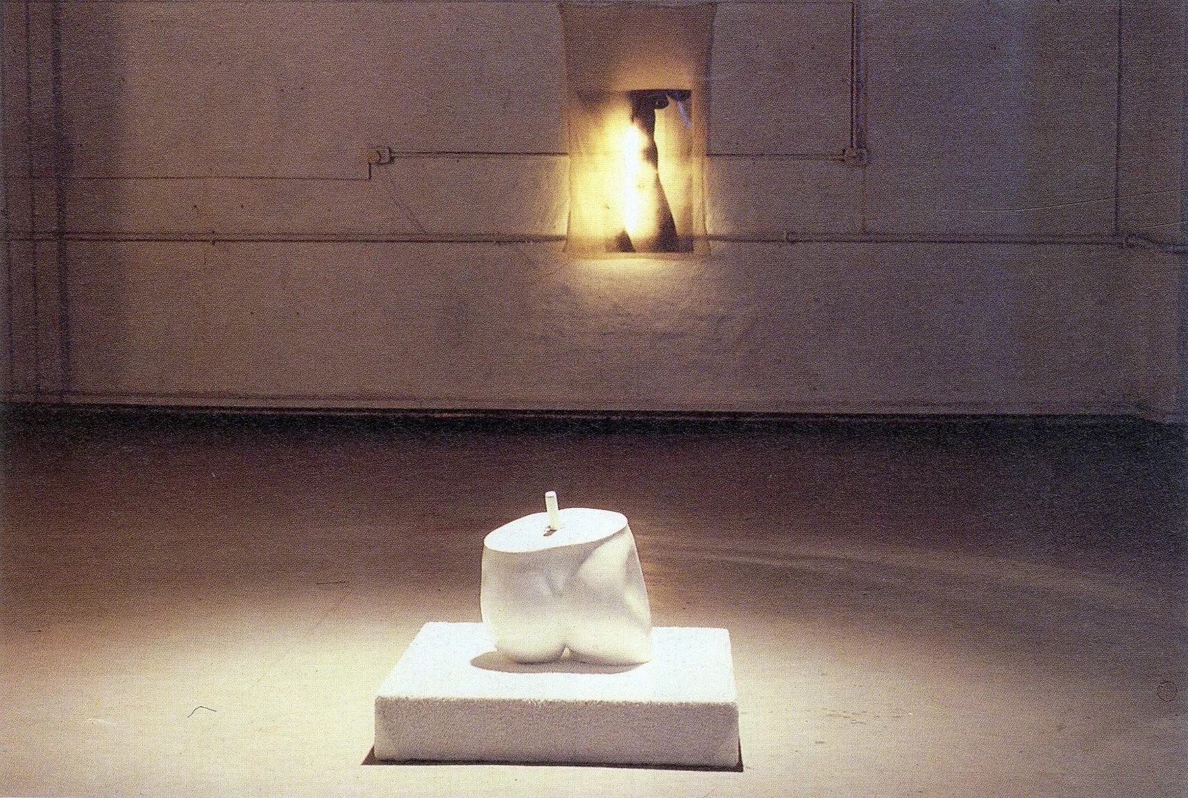 Installation view, undergraduate show, 1994
Hand-embroidered medical gauze (Indian cotton), backlit transparency, wooden box covered in white toweling, painted window mannequin part.