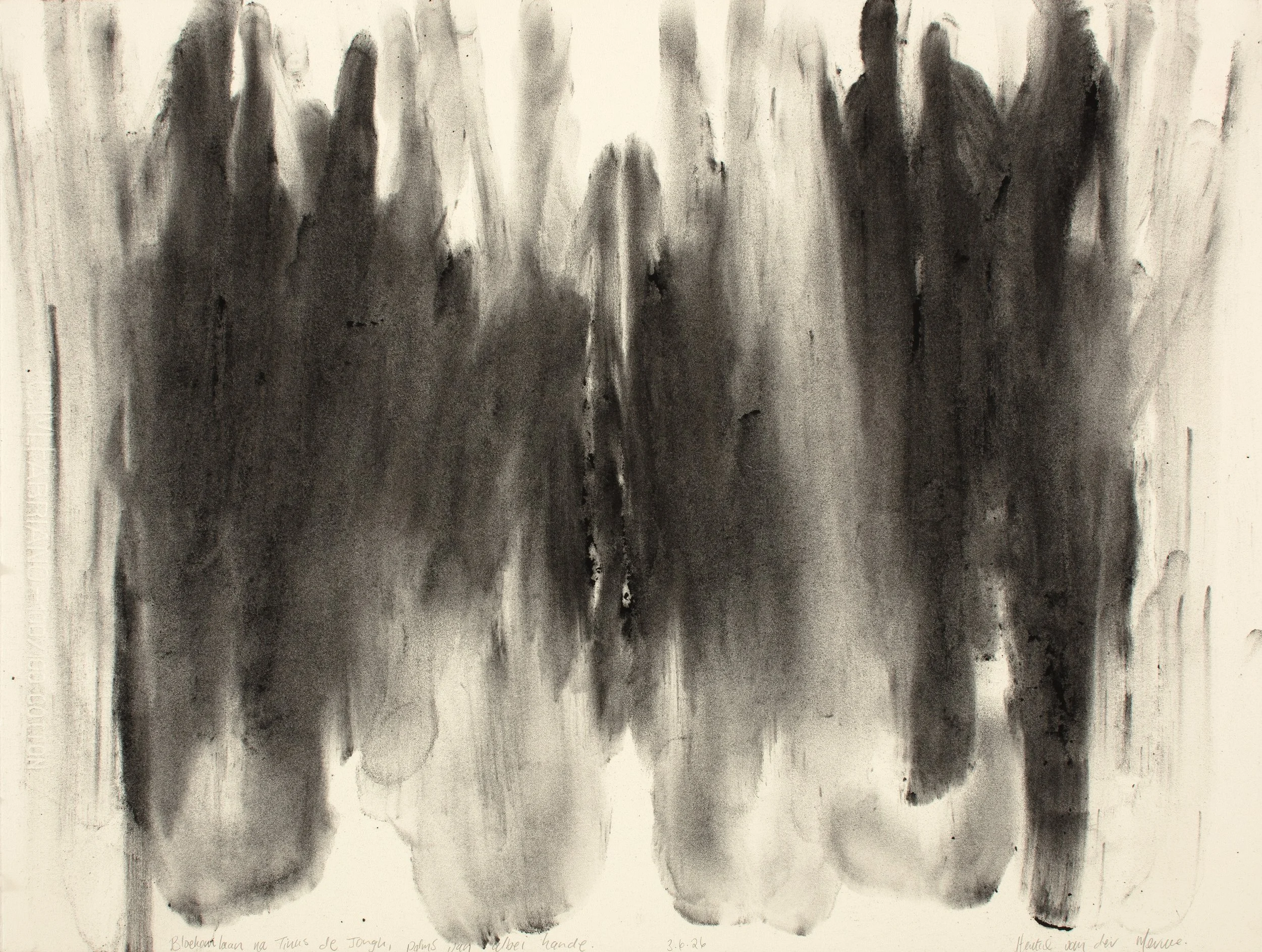 Avenue of gumtrees after Tinus de Jongh, palms of both hands, Charcoal on paper, 45,5 x 60,7 cm, 2026