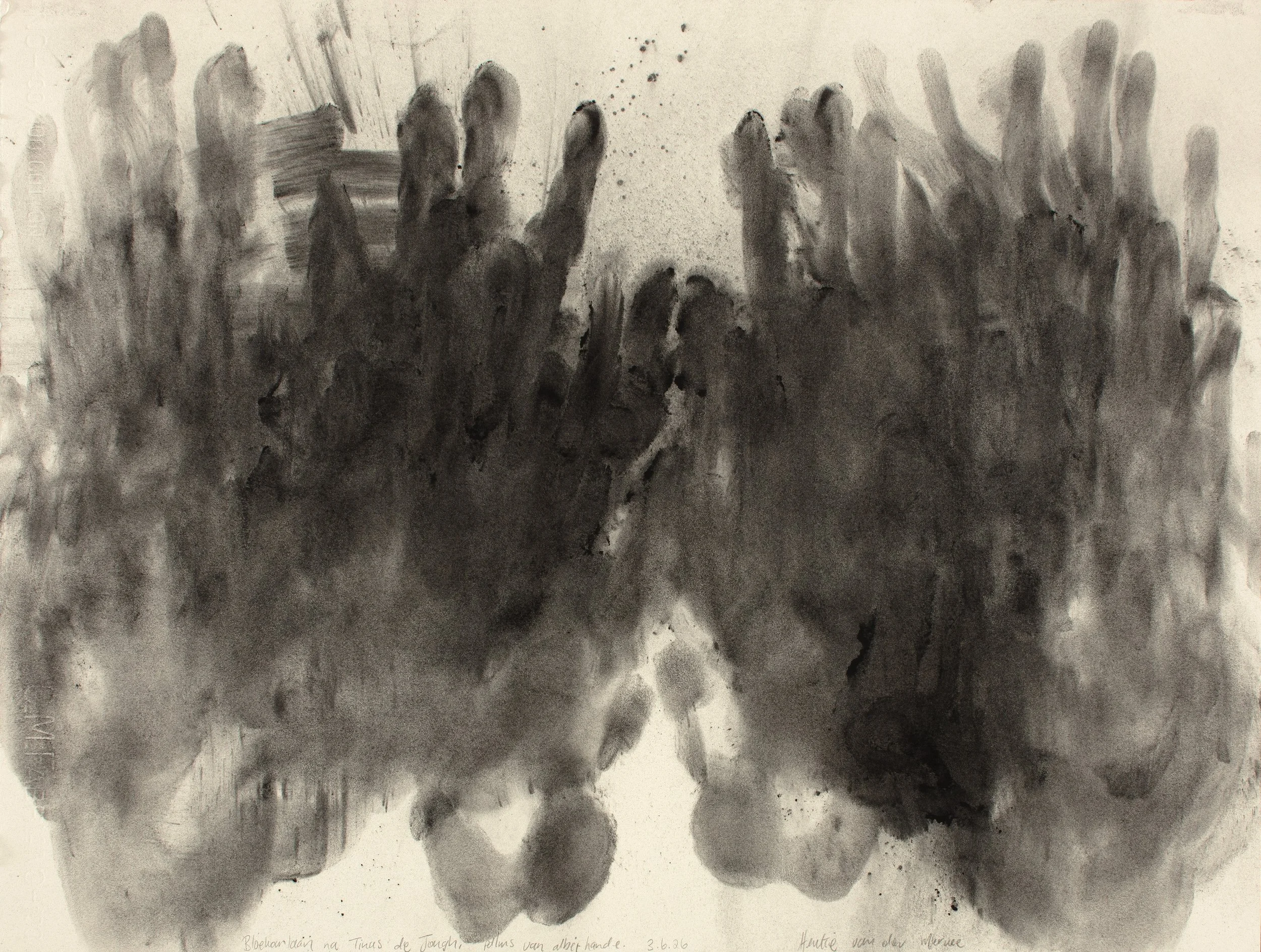 Avenue of gumtrees after Tinus de Jongh, palms of both hands, Charcoal on paper, 45,5 x 60,7 cm, 2026