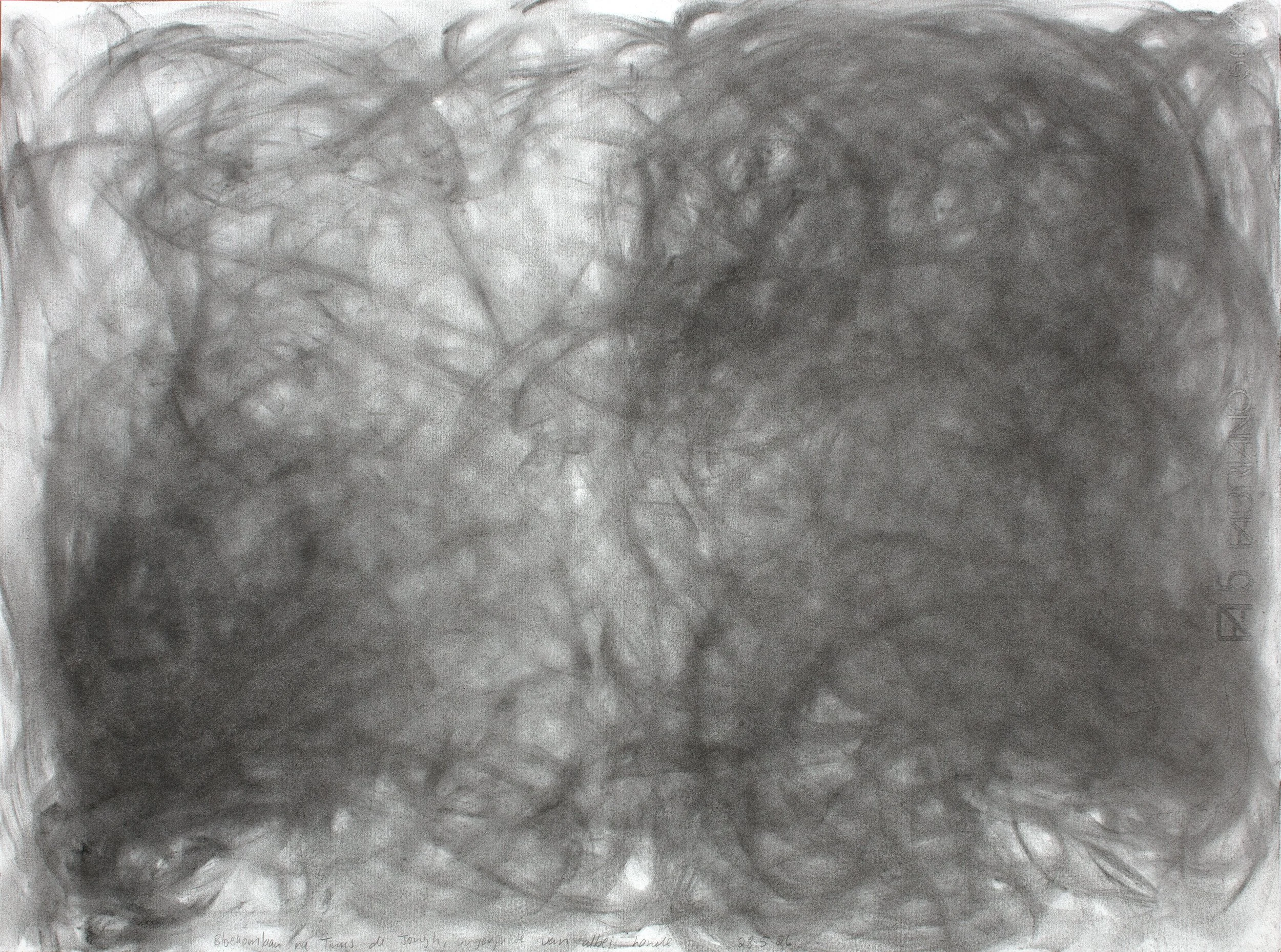 Avenue of gumtrees after Tinus de Jongh, fingertips of both hands, Charcoal on paper, 45,5 x 60,7 cm, 2026