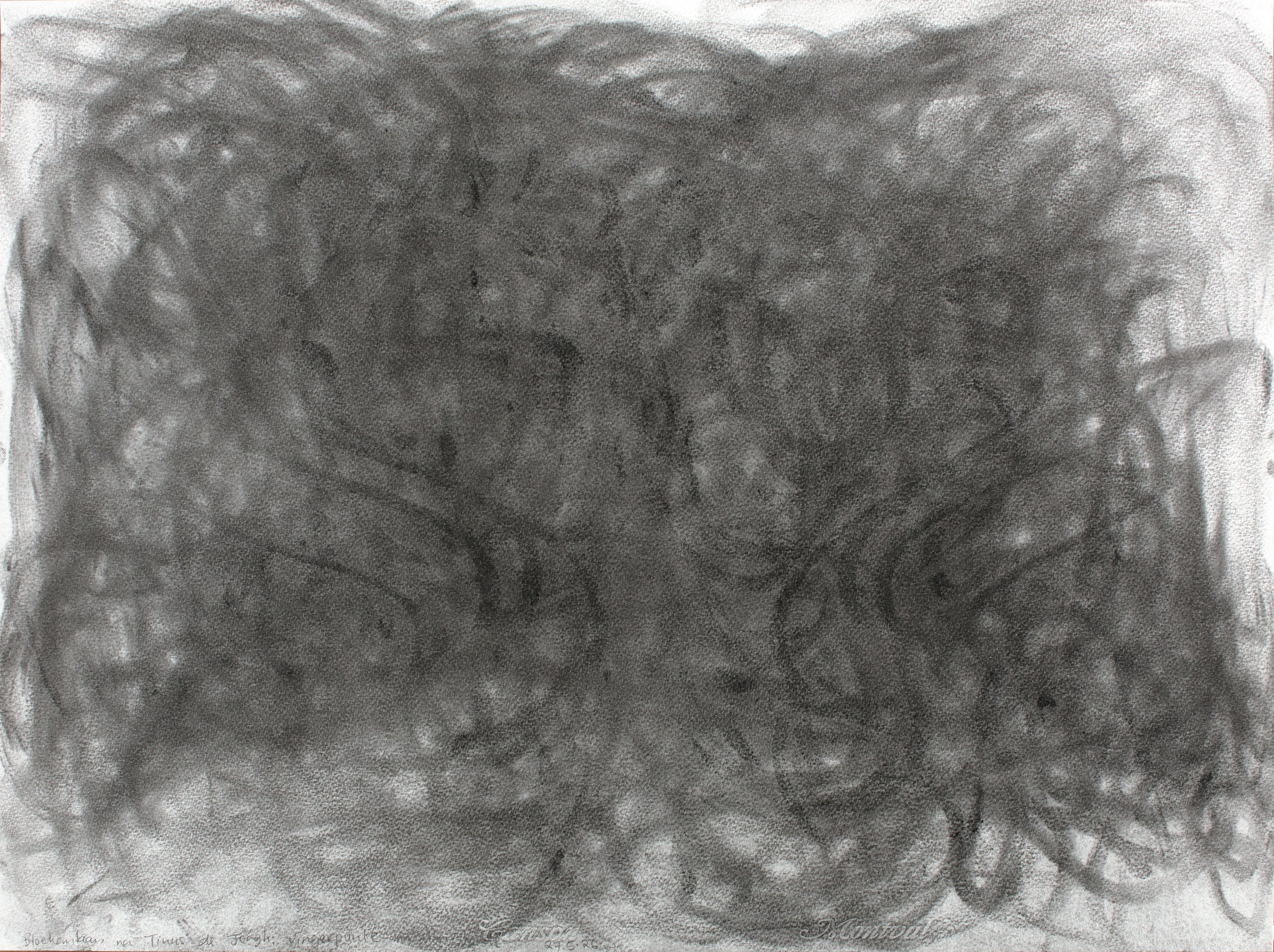 Avenue of gumtrees after Tinus de Jongh, fingertips of both hands, Charcoal on paper, 45,5 x 60,7 cm, 2026