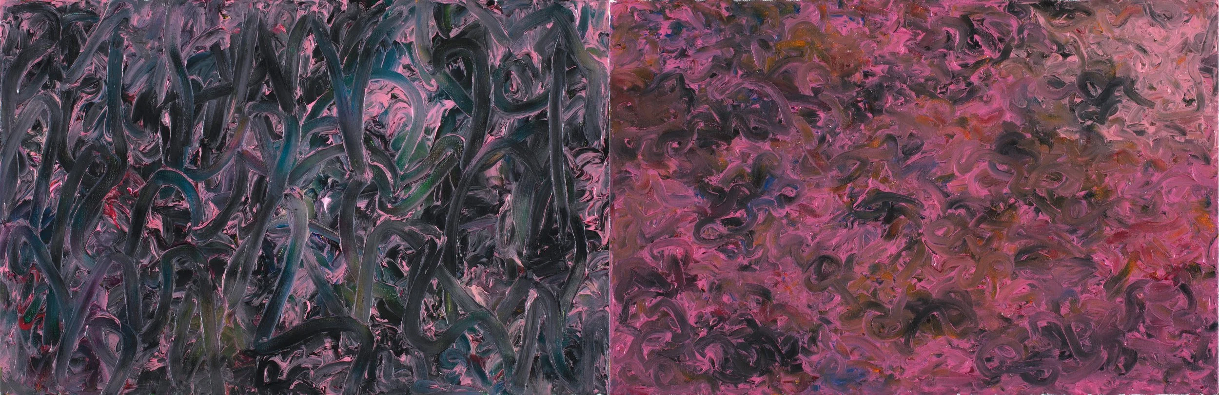 Avenue of gumtrees after Tinus de Jongh, left fist and pinky and pointing finger of right hand (left) & pinky of both hands (right), Oil on canvas, 38 x 116 cm, 2026
