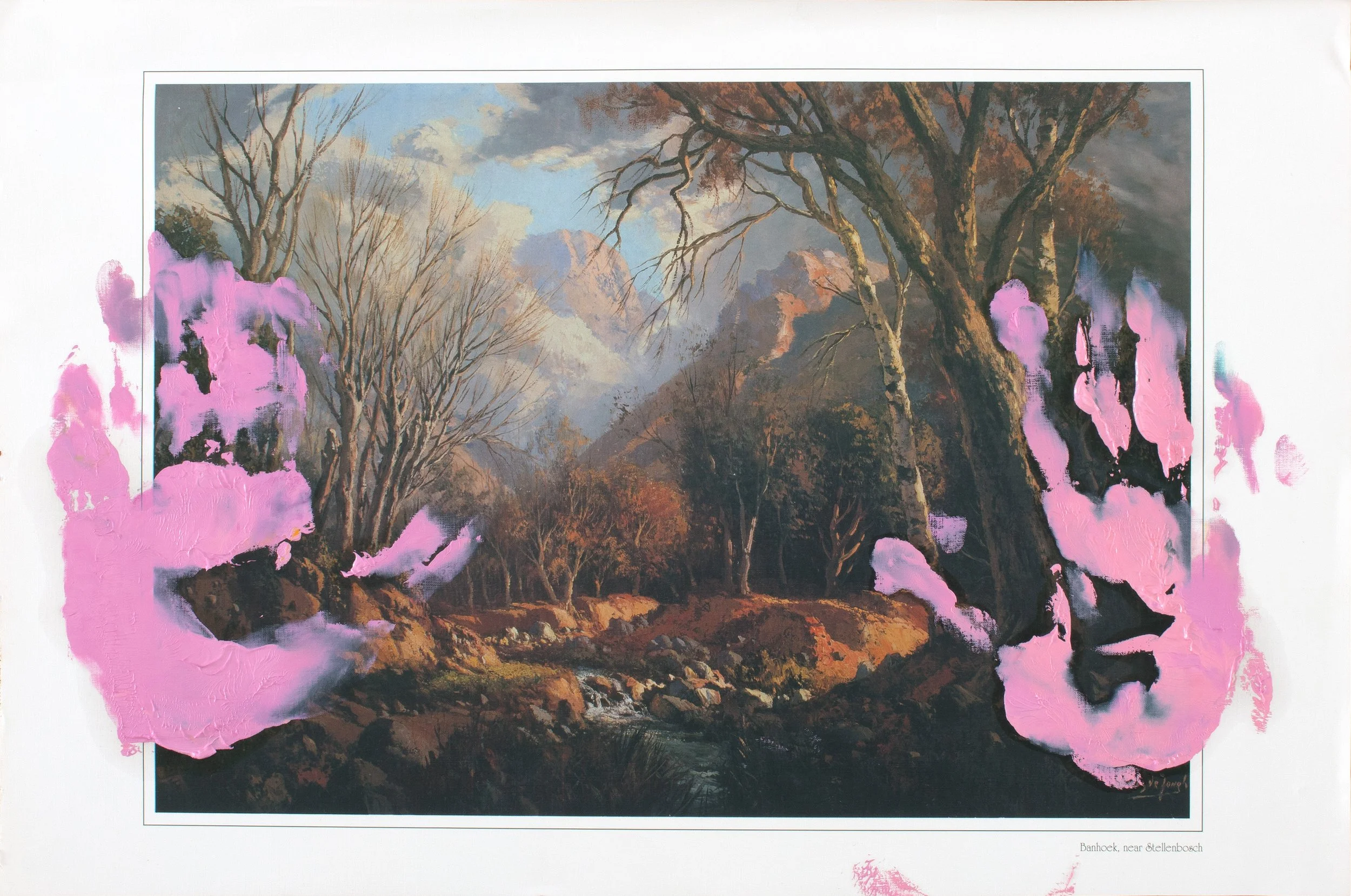 After De Jongh (Banhoek, near Stellenbosch)
Oil paint on offset lithograph, 37 x 55 cm, 2026